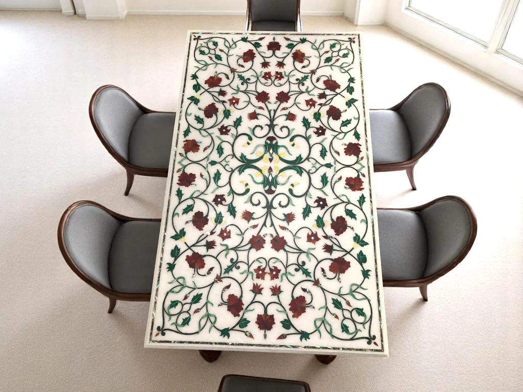 White Marble Dining Room Table : Semi Precious Inlay Gemstone